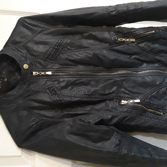 Faux Leather dark Navy Moto Jacket Bought in Italy - Quality! Vegan Gold zip S - Picture 6 of 15